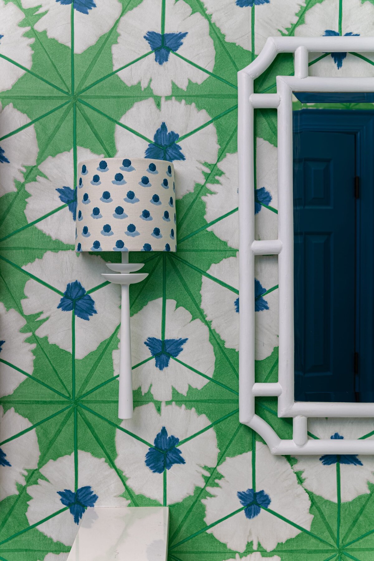 melinda chesson interiors meadowood place bathroom with bright green and blue wallpaper