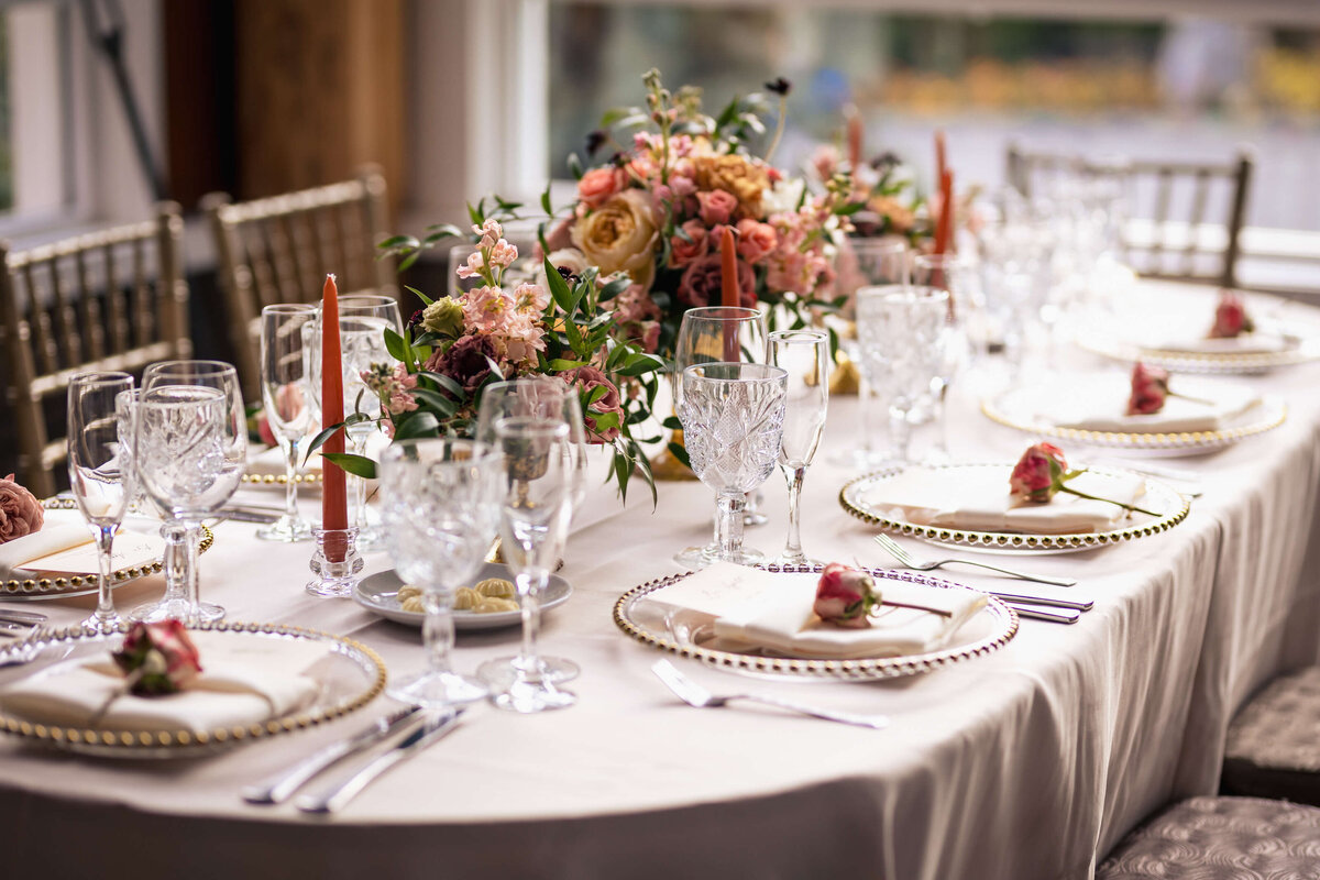 Wedding Reception Peach Gold Long Table Setting