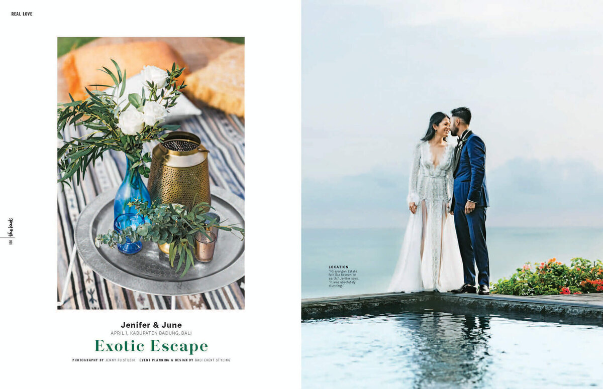 A page in The Knot Magazine with an image of the bride and groom in the edge of a pool in Bali, Indonesia. Image by Jenny Fu Studio