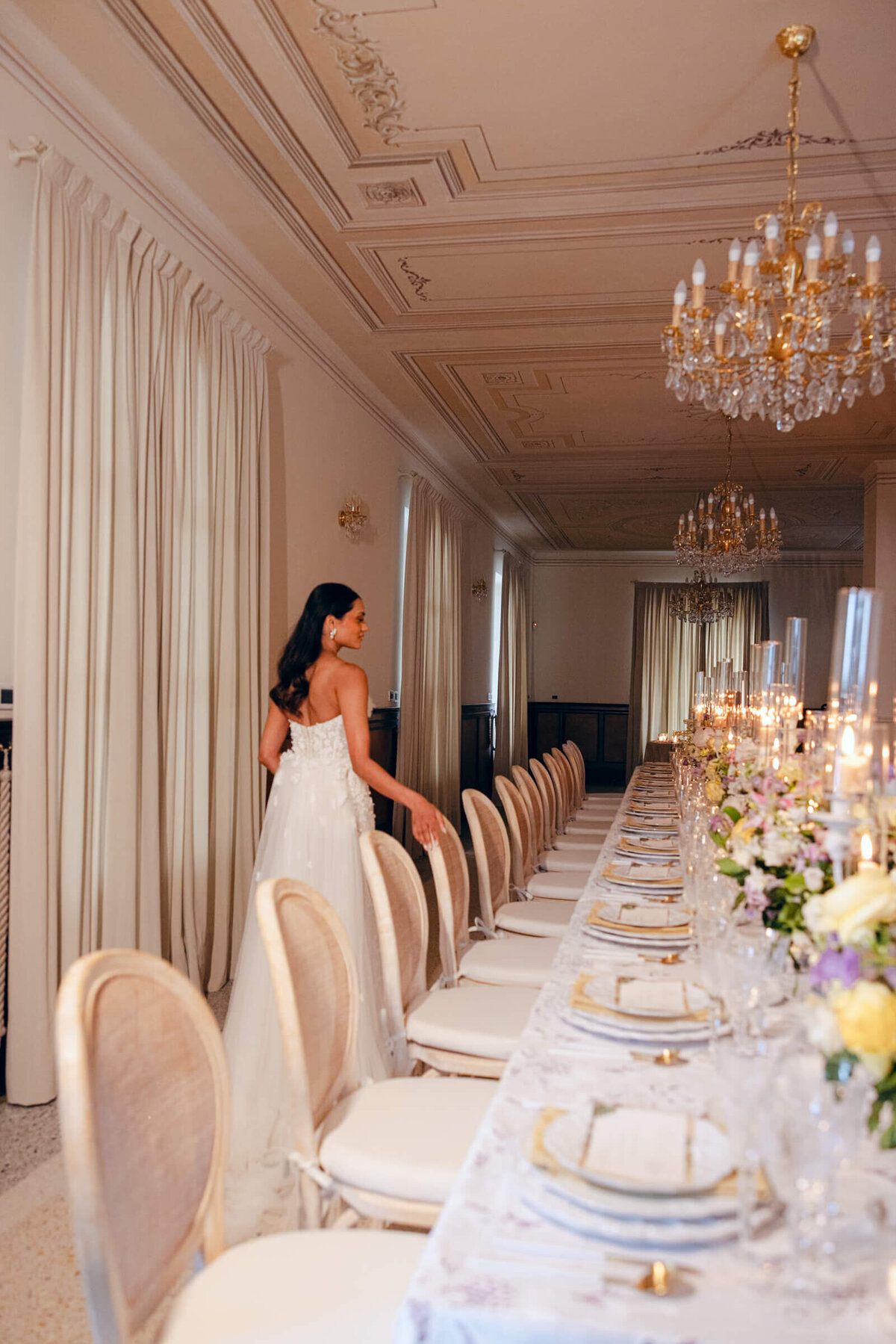 A wedding photo of the bride in her white wedding dress at Villa Aura del Lago on Lake Como in Italy