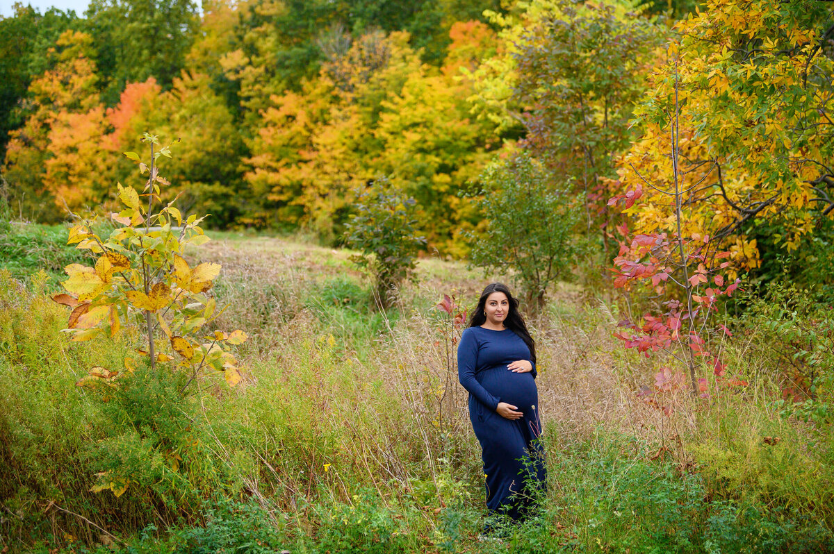 pregnant woman wearing a blue maternity dress for her fall maternity photos in Burlington