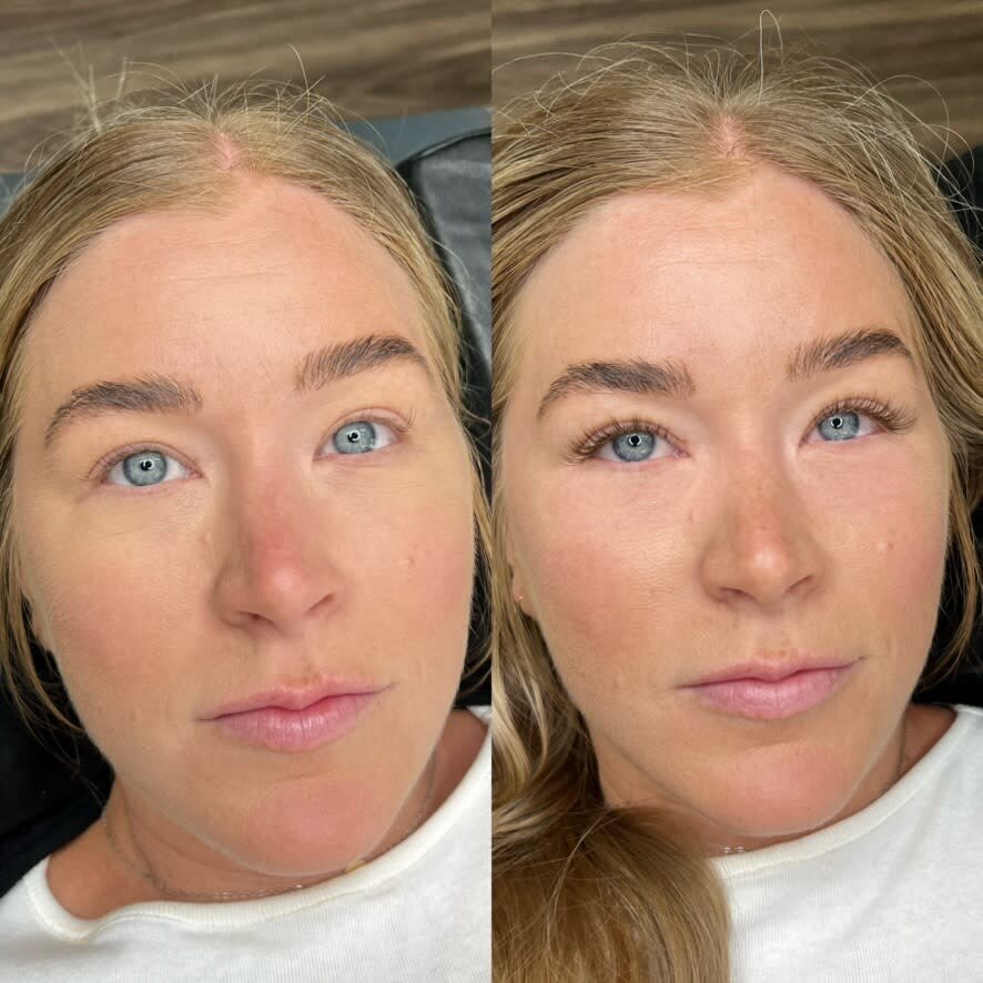 side by side of woman with blonde hair and lash extensions