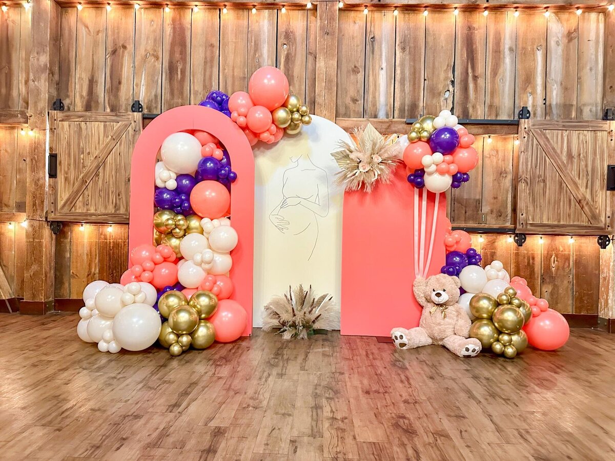 peach, purple, gold balloons