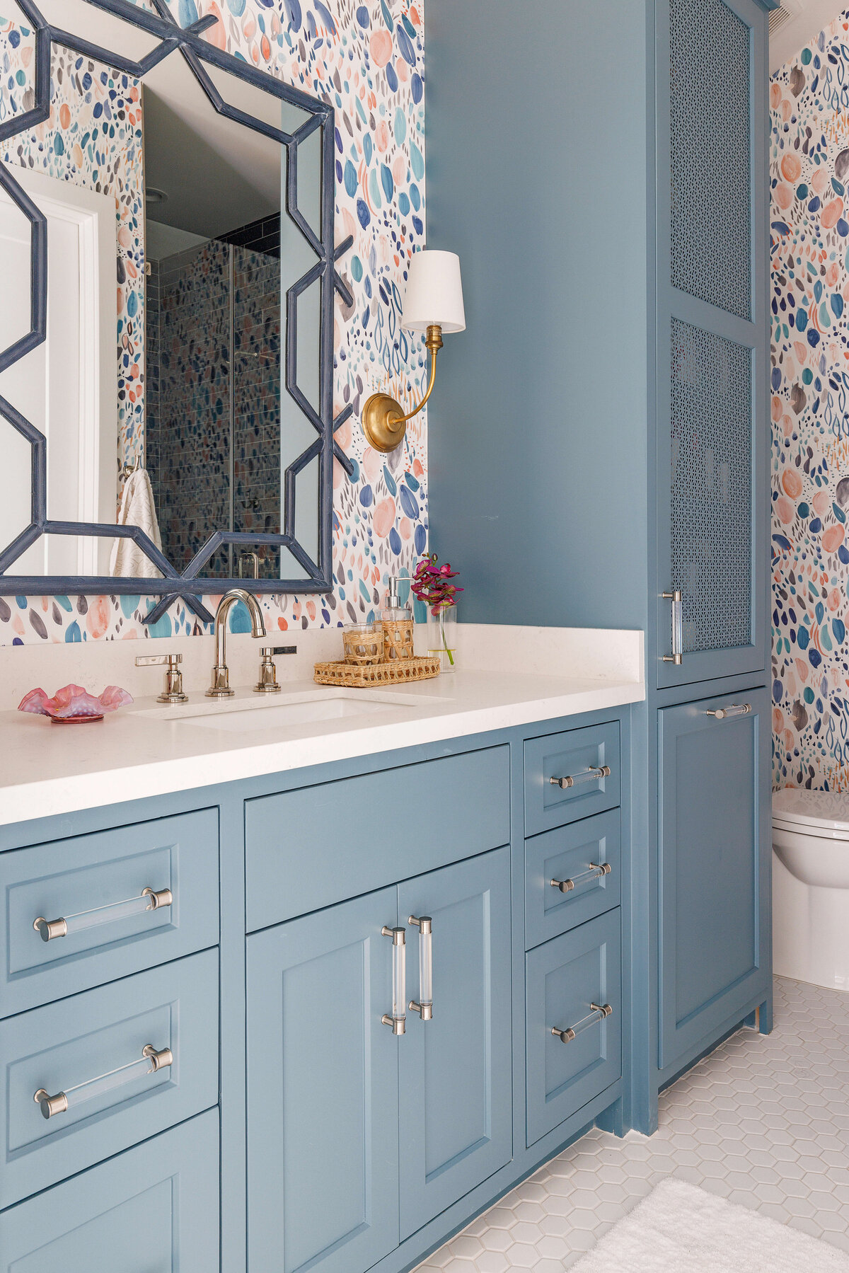 oyster creek studios missouri city new build light blue vanity and white countertops in bathroom