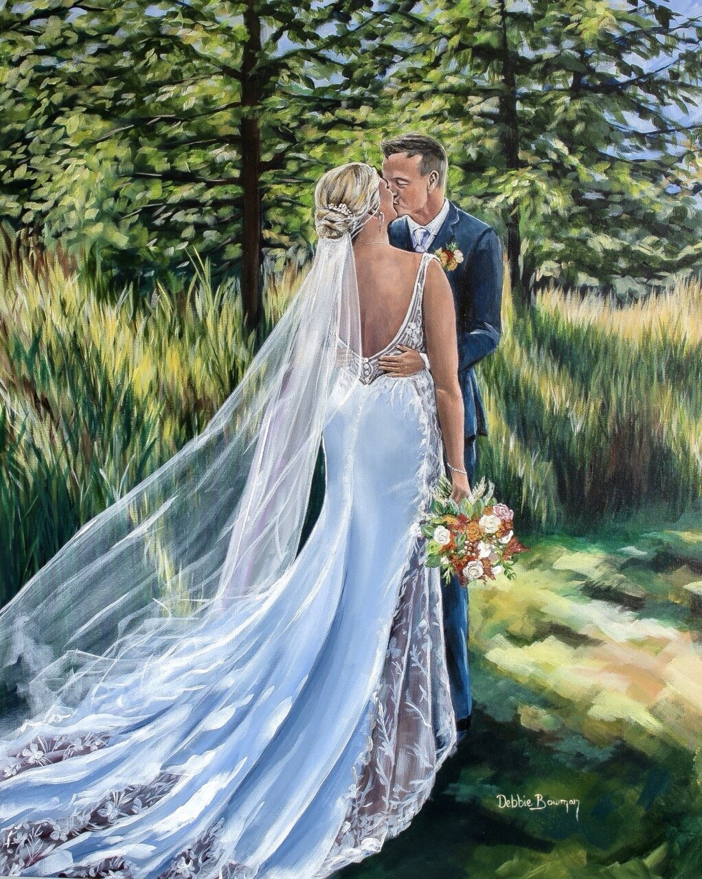 Live wedding painting of a bride and groom kissing at Emerald Pines SD