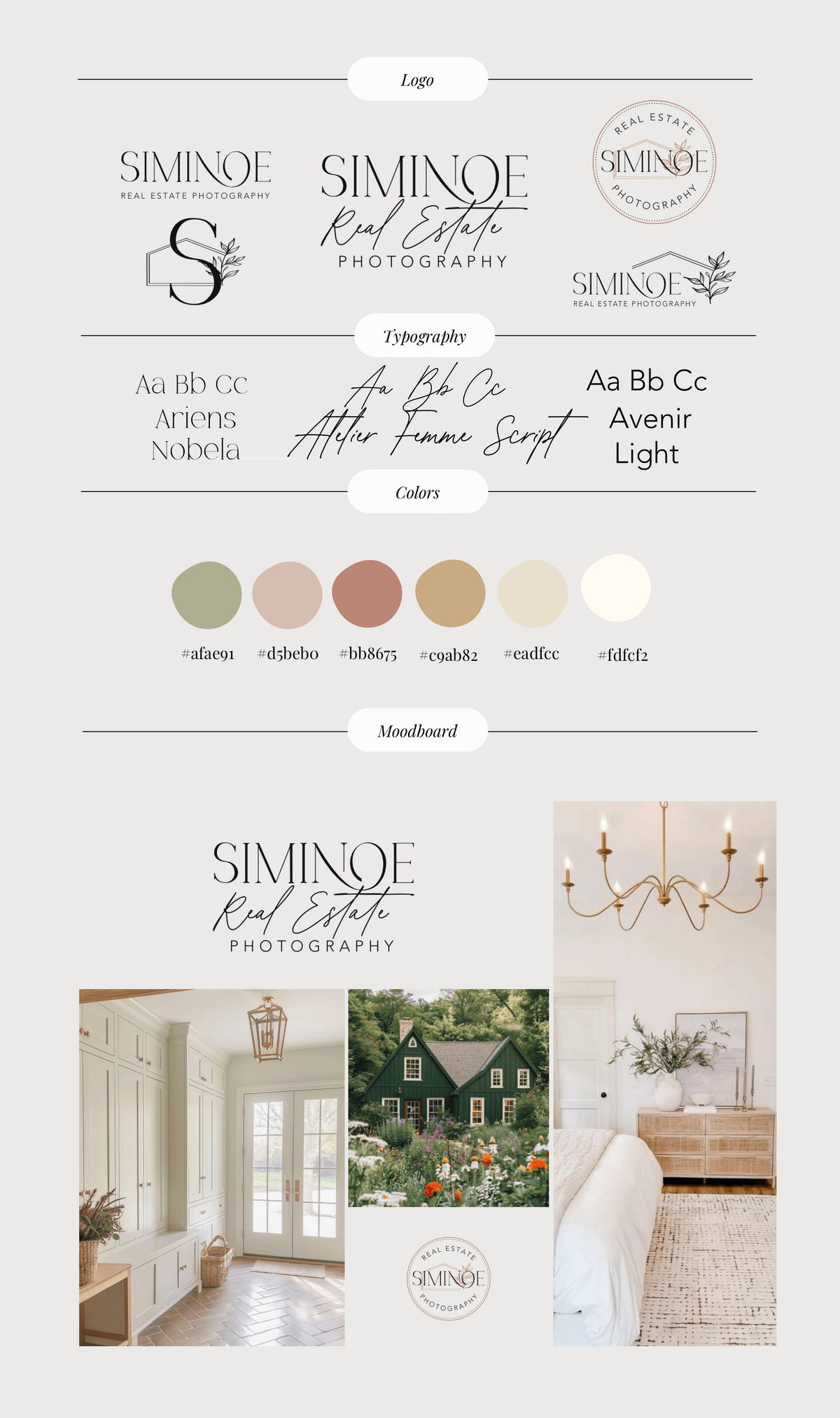 Real estate moodboard with modern logo design featuring fonts and colors representing full service design and calligraphy by Life in Letters.