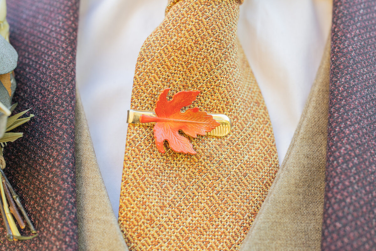 A close up shot of a grooms tie on his wedding day showing a leaf on it