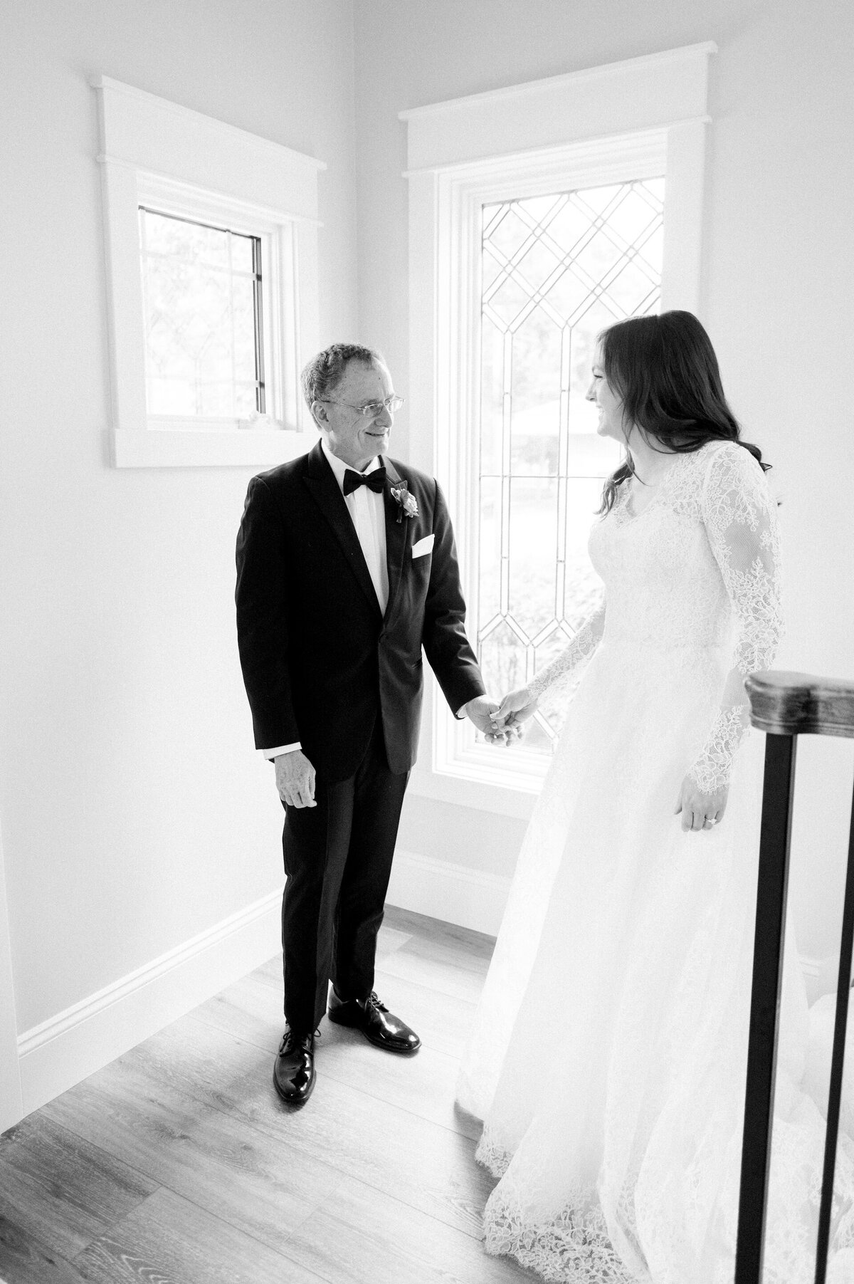 Dad tearing up when seeing his daughter in her wedding dress for the first time
