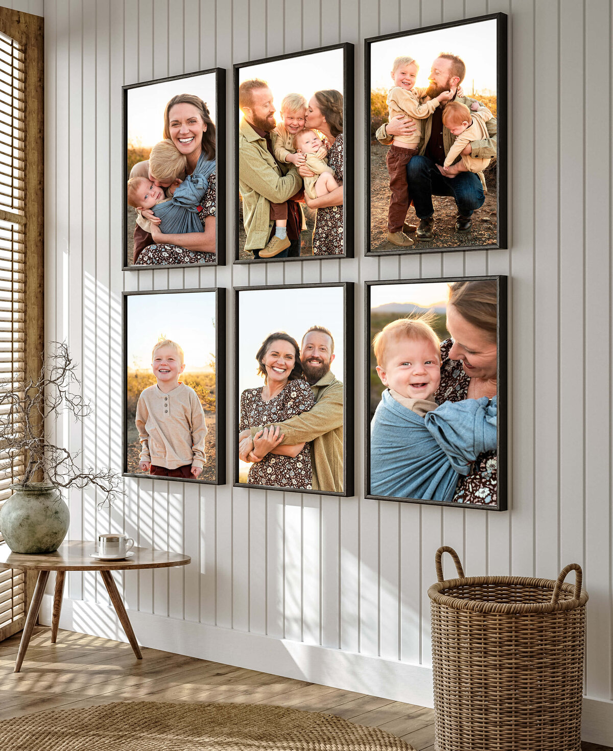 accent wall with 6 framed prints in 16x20accent wall in home with 6 framed maternity prints by Cactus & Pine Photography each size 16x20