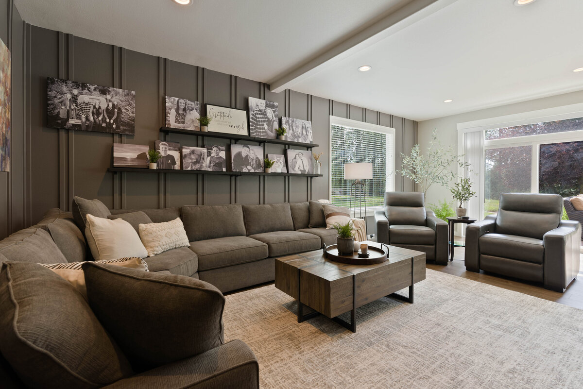 Neutral and modern living room of Hilltop renovation project designed by Spokane interior designer Sarro Design.
