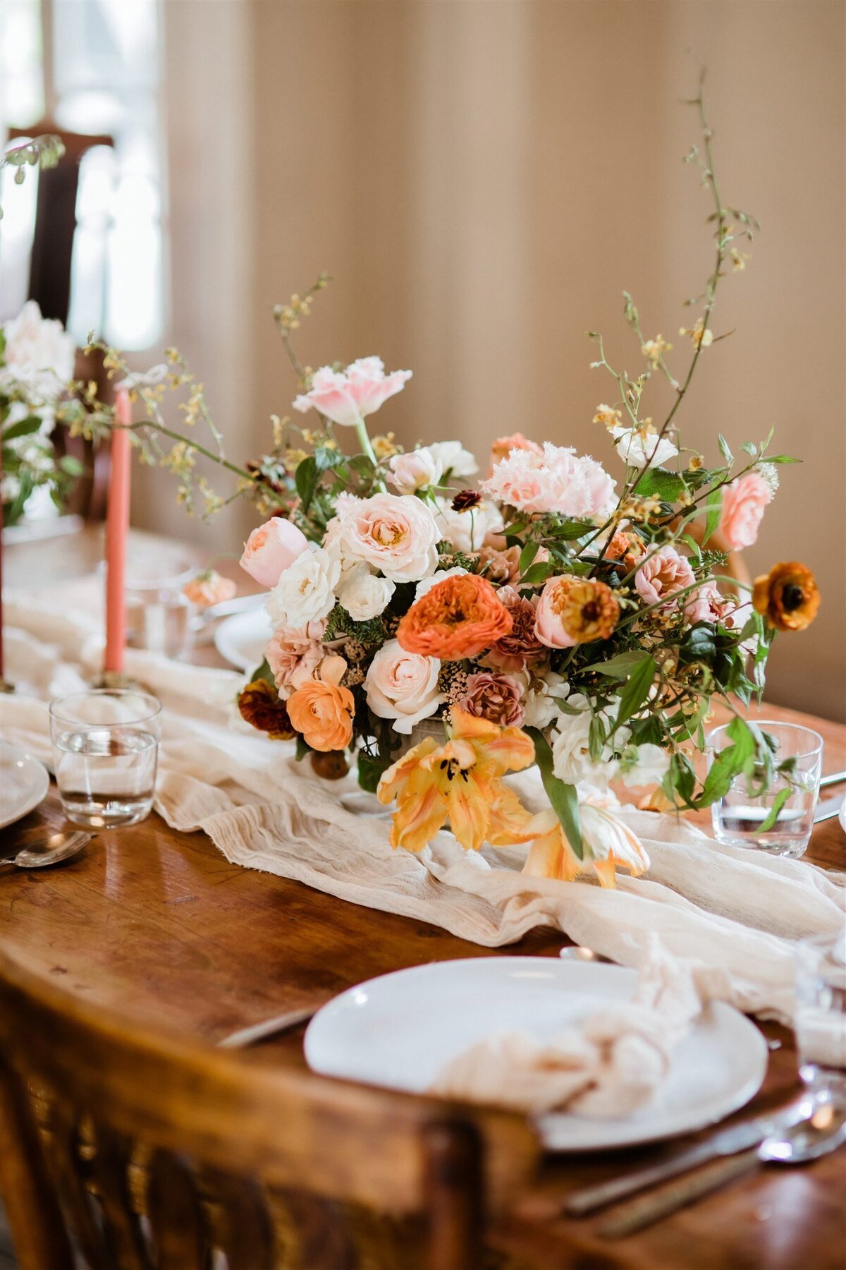 Colorful Floral Arrangement on Wooden Table