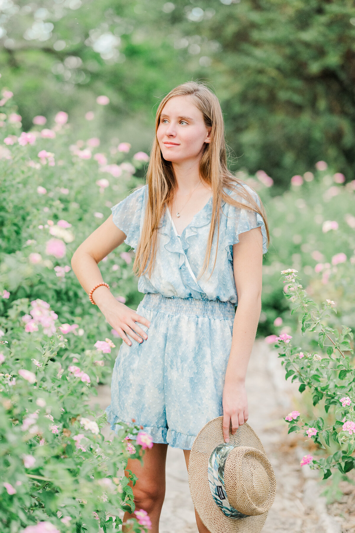 pink flowered sidewalk senior portrait-1