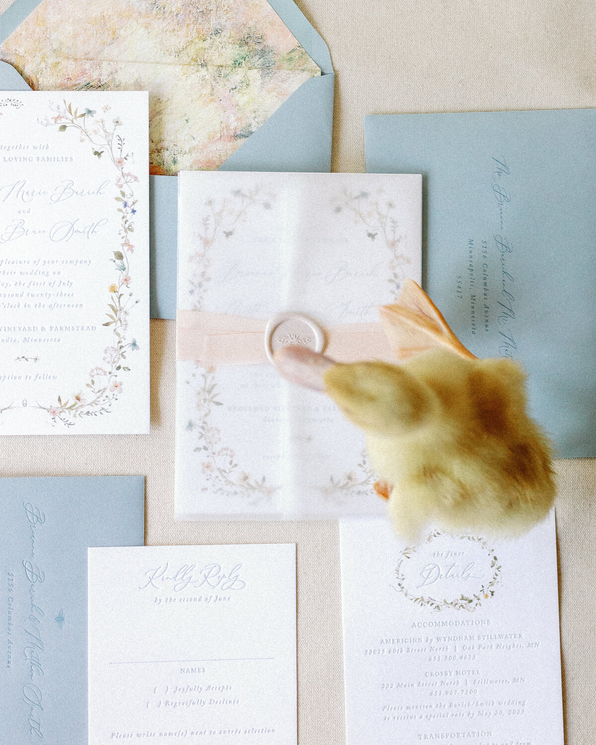 Cottagecore farm flat lay with duckling and pastels