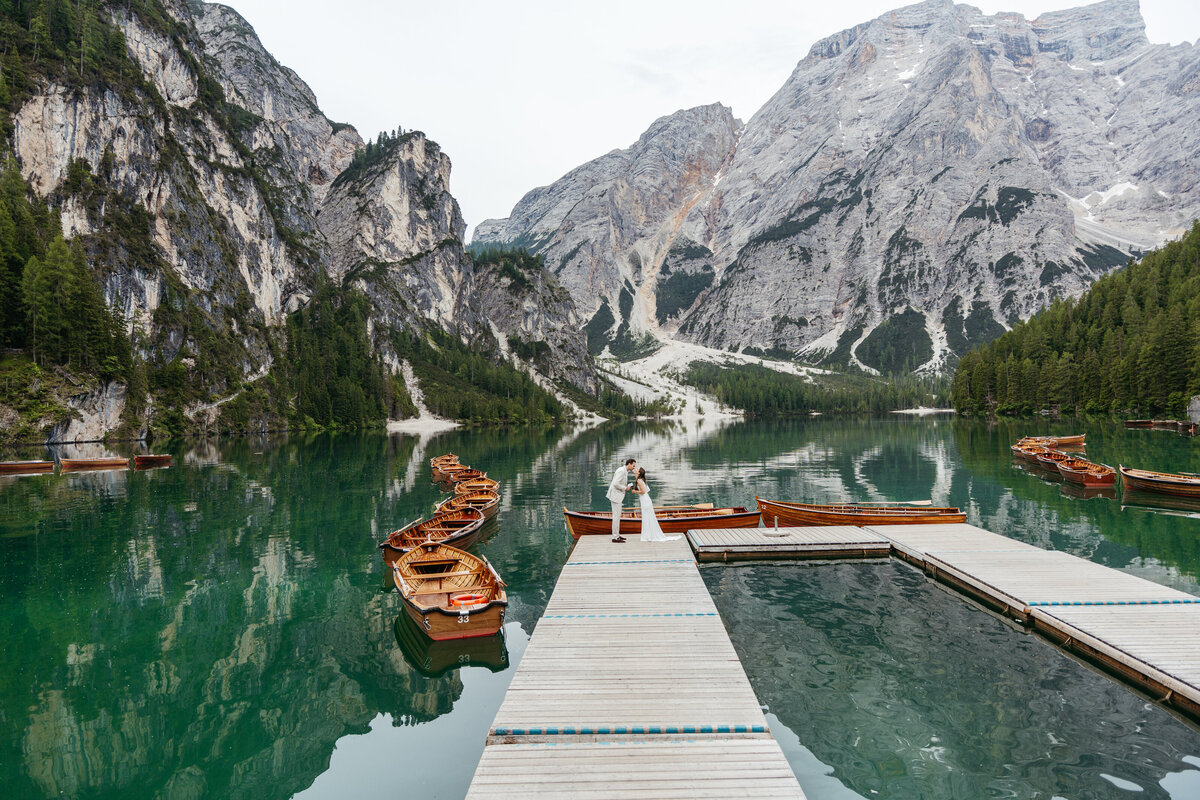 sweet couple romantic dolomites lake Braies elopement