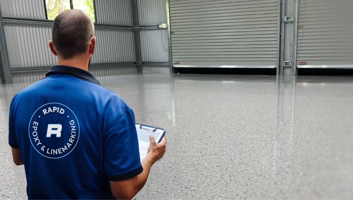 A Rapid Epoxy & Linemarking employee is looking at completed epoxy warehouse floor and is doing a quality control check holding a clipboard.