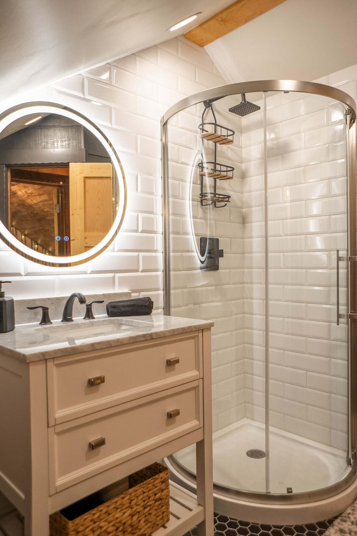 Walk in shower with modern bathroom details