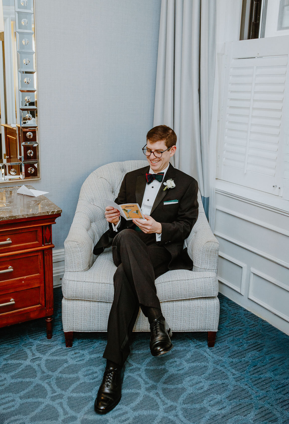 Groom Reads Note from His Bride Before the Ceremony. Fairmont Copley Plaza Hotel Wedding.