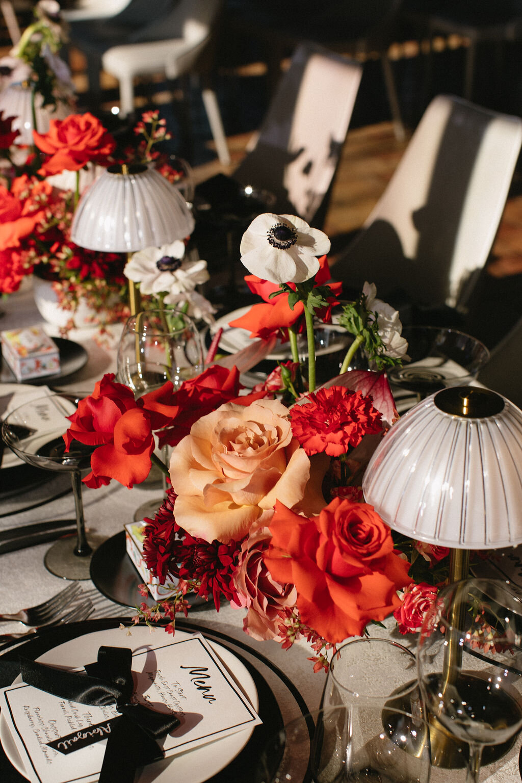 Multi-course dinner for wedding with menus and table lamps supper club aesthetic