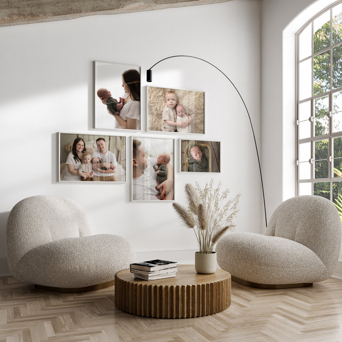wall art collage in living room of newborn and family studio session
