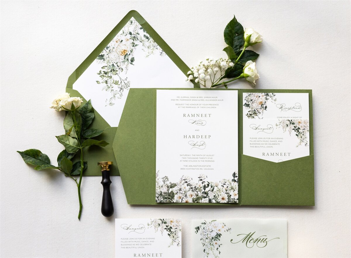 Green pocket fold wedding invitation 6