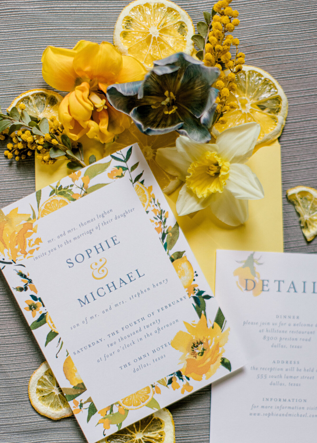 The Mason Dallas TX Nimbus Events  Yellow Gray Lemon Invitation Suite