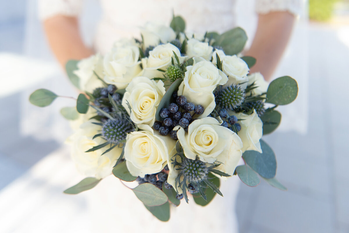 Blue and white bride wedding flower bouquet