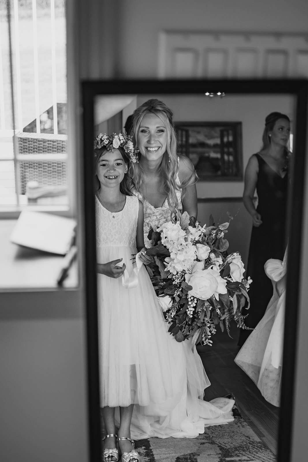 black and white bridal photography flower girl