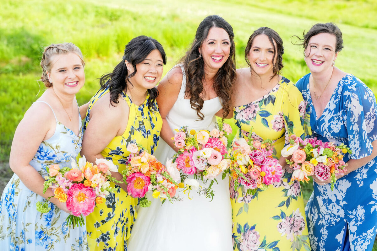 Bride and Bridesmaids in Floral Dresses