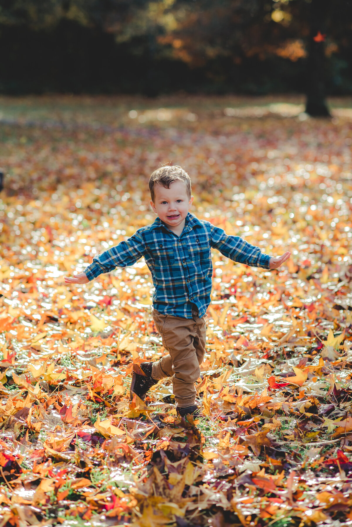 boy playing in leaves