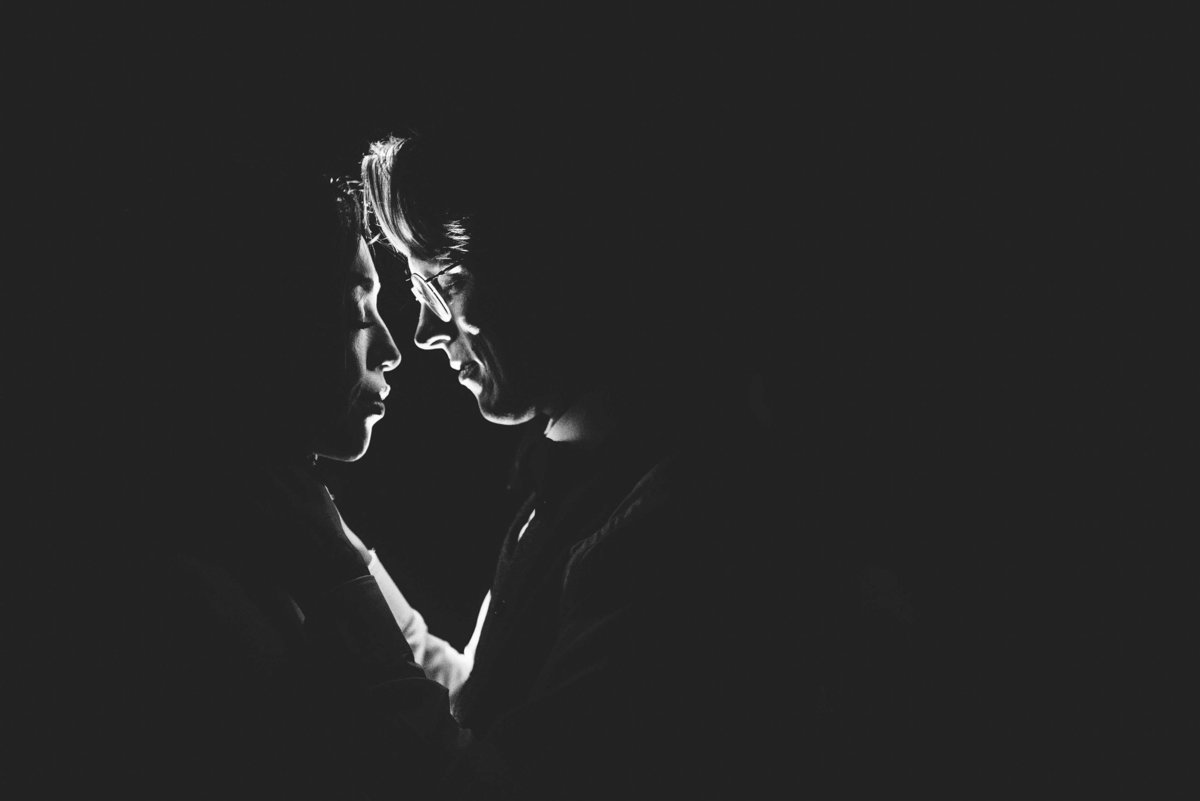 Black and White photo of couple with foreheads together