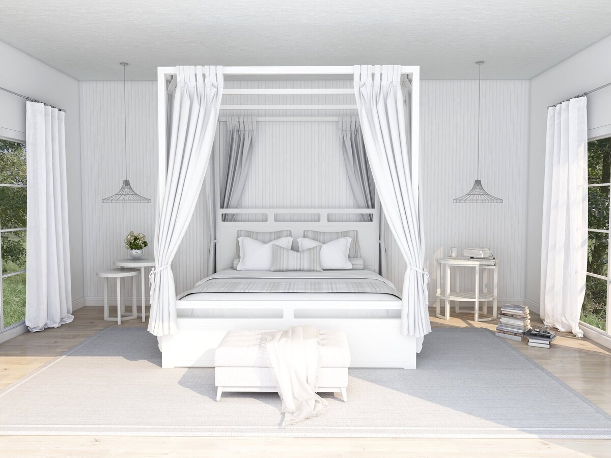 White and grey bedroom render