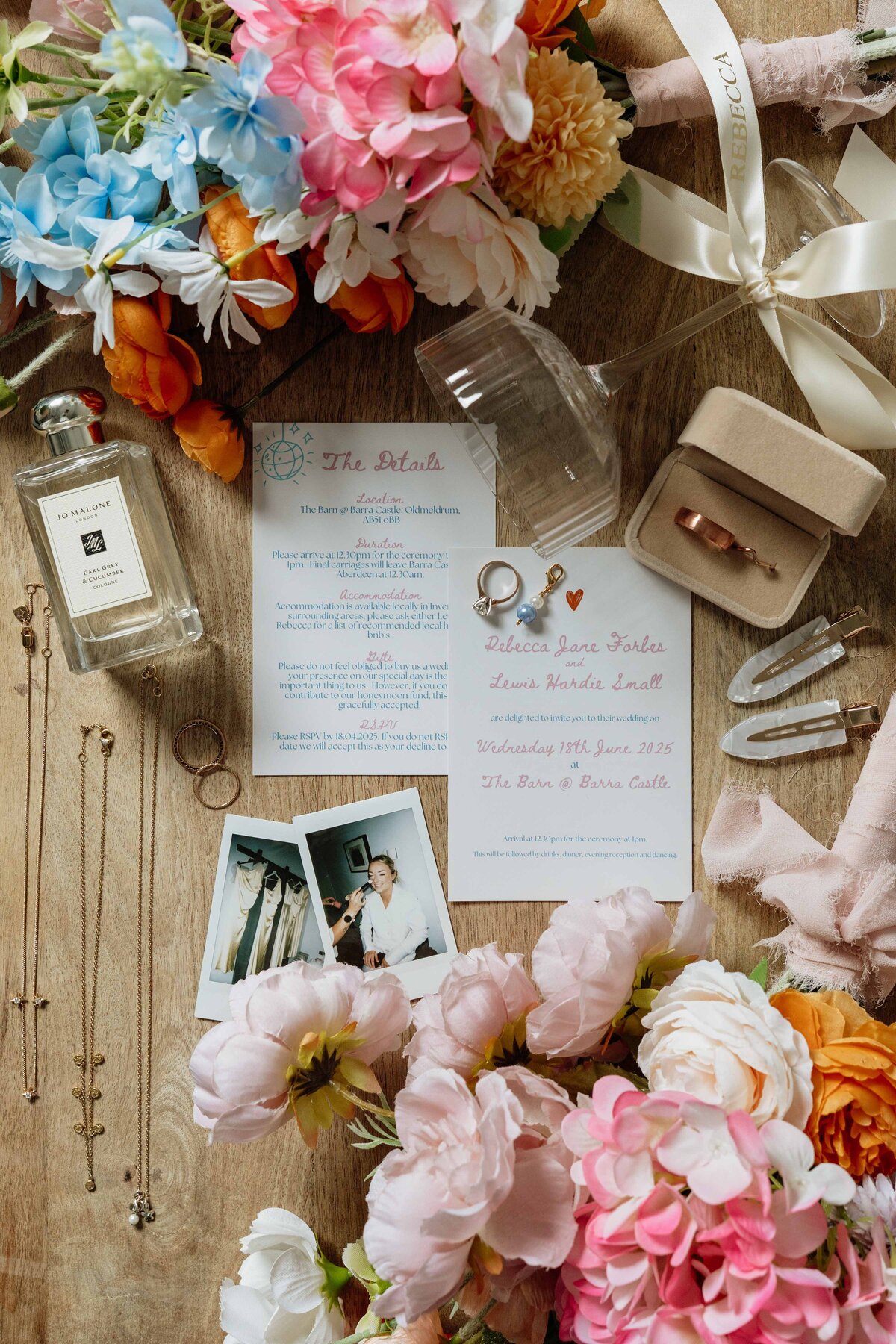 A birds eye photograph of wedding details.