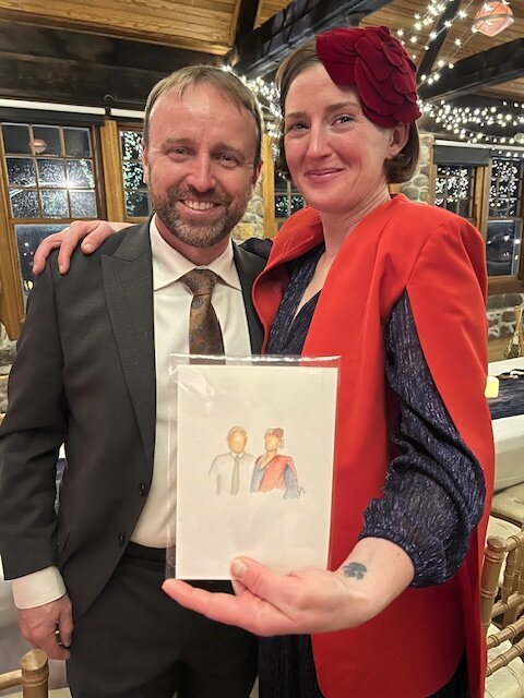Wedding Guest Couple with Watercolor Painting The Towers Narragansett Rhode Island