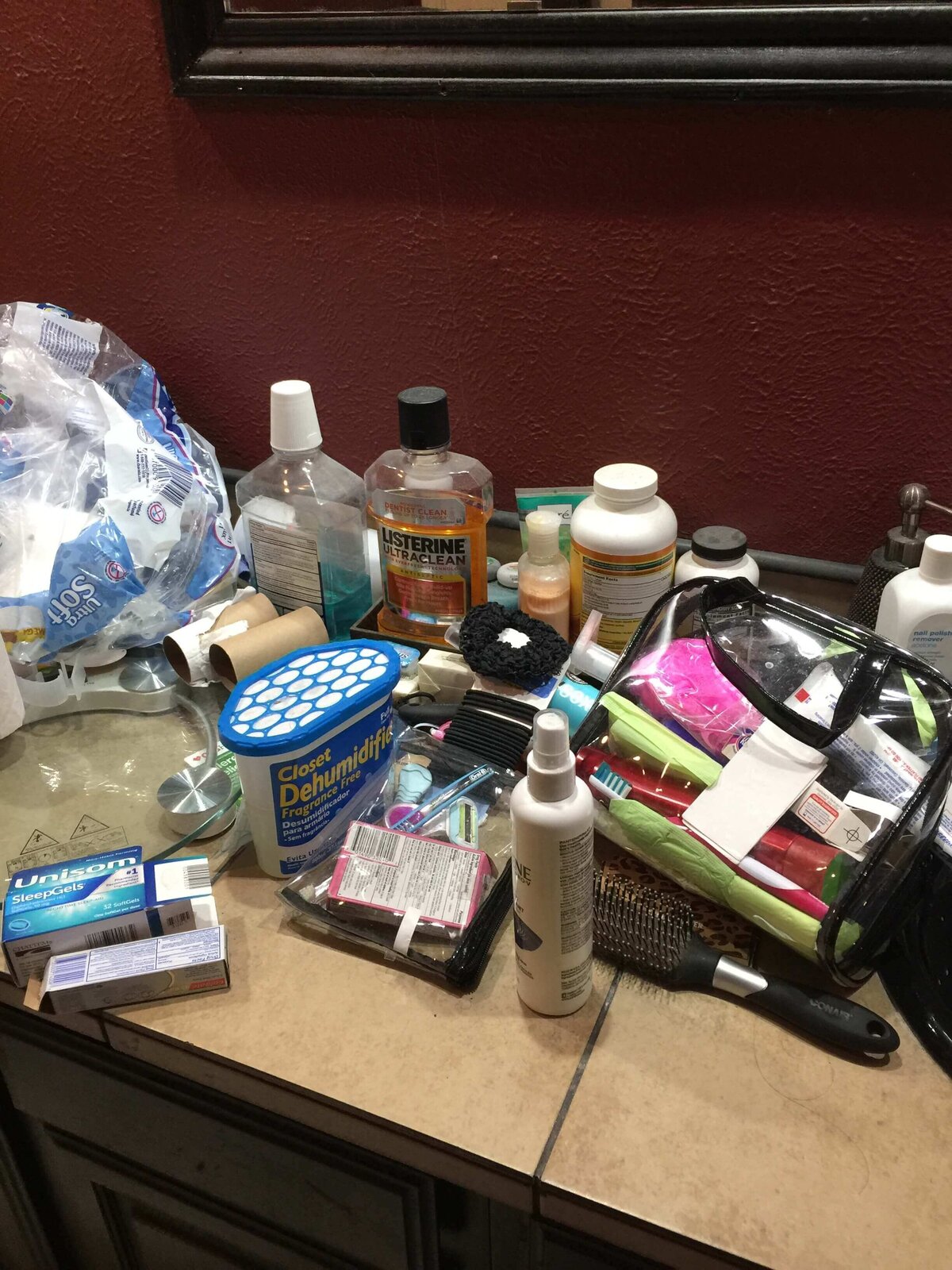 Disorganized hoarding bathroom counter
