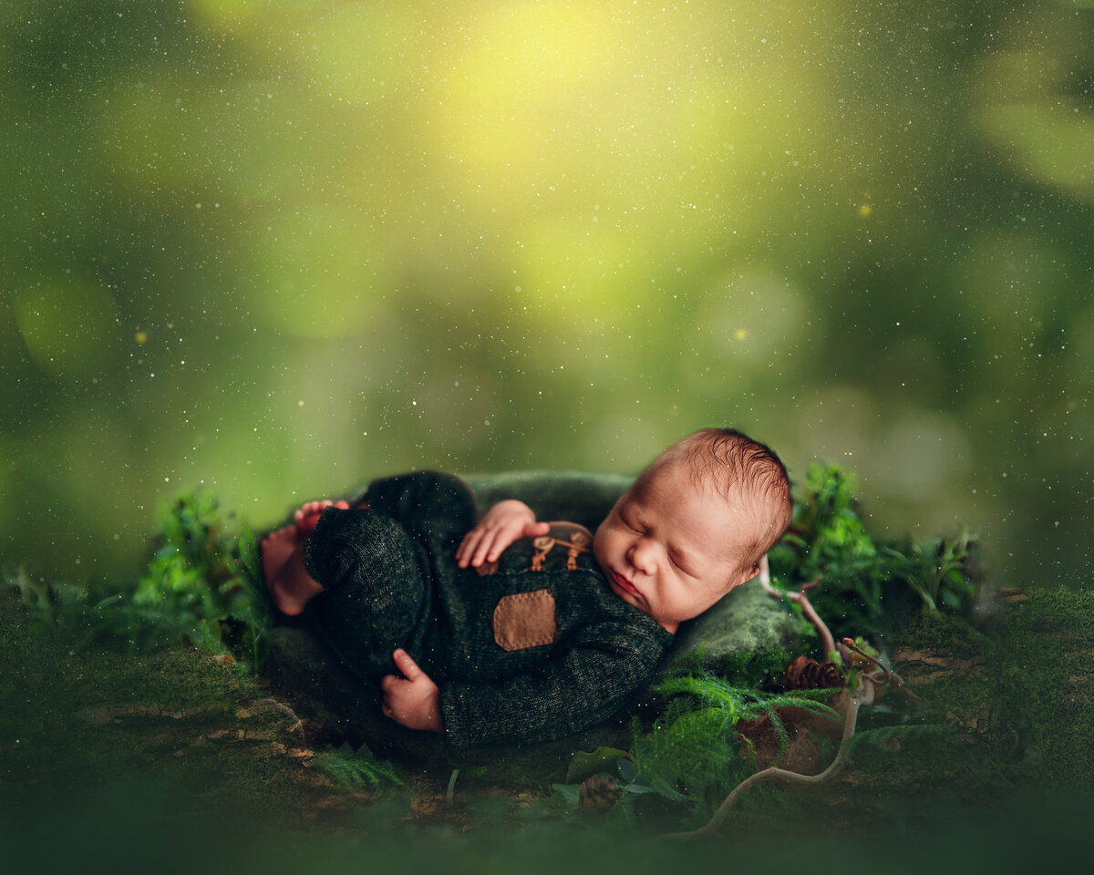 Enchanted newborn portrait  showing infant asleep in a mossy log  with forest backdrop..