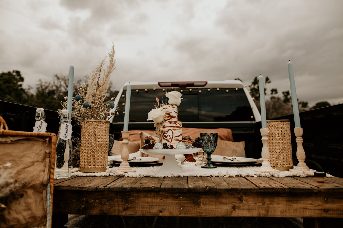 truck bed picnic setup from an elopement at the Sandia foothills in Albuquerque