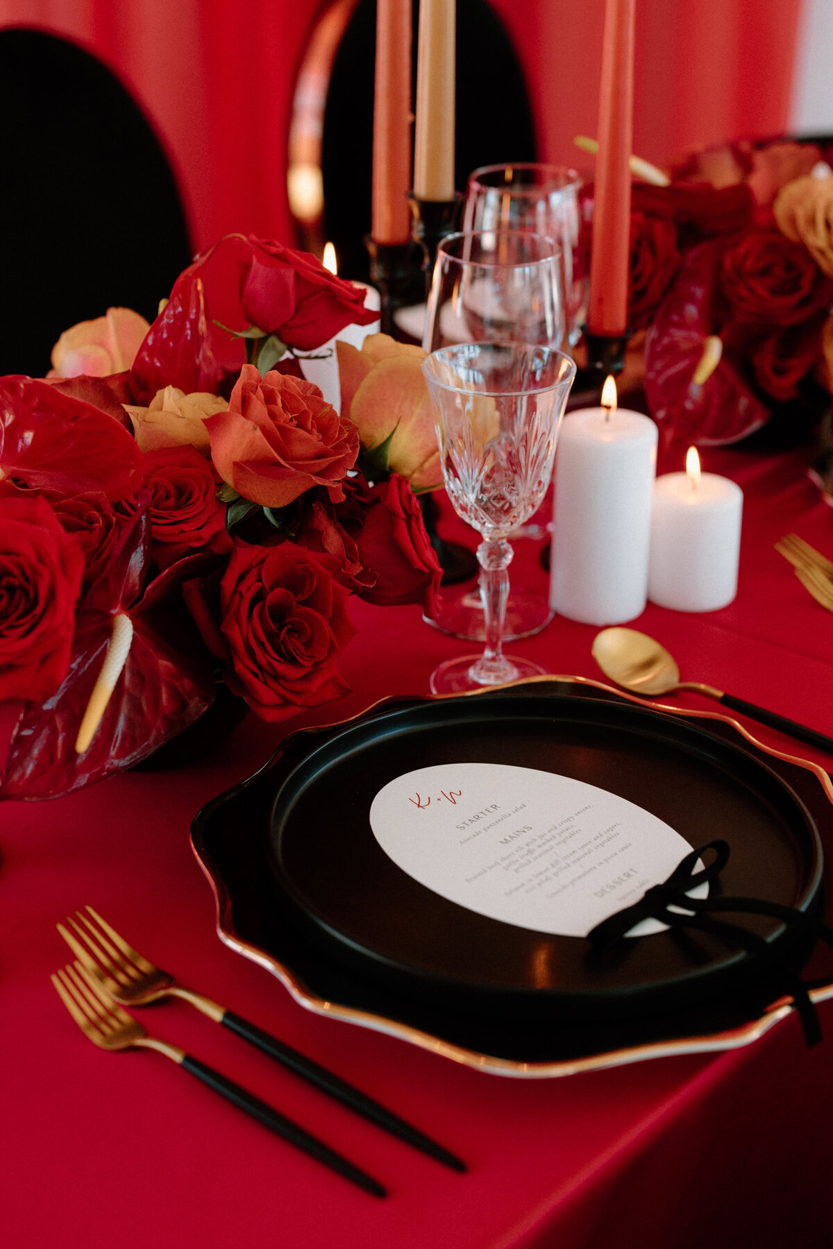 A close up of the romantic tableware for the guests at the wedding reception area