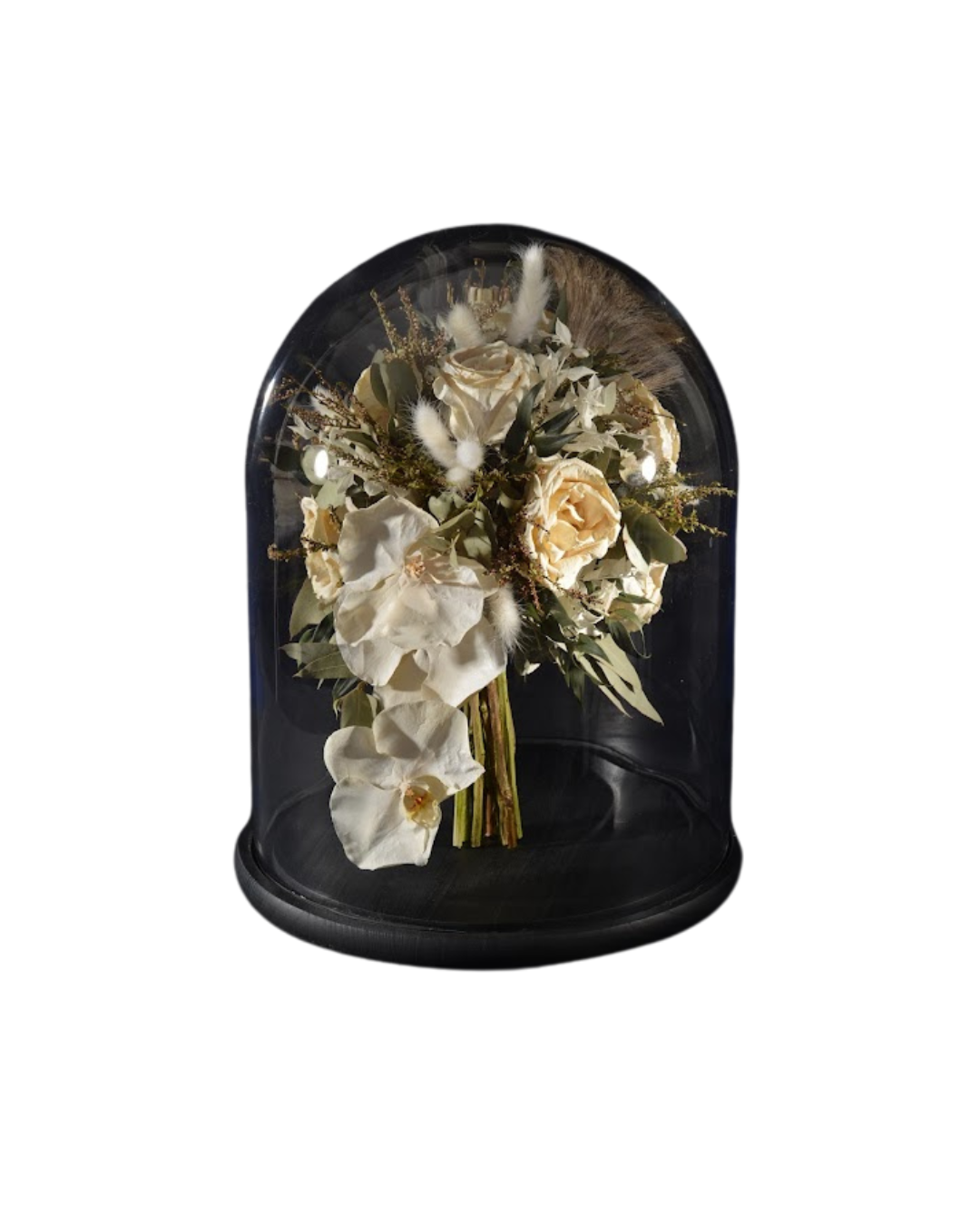 wedding bouquet preserved inside a dome.