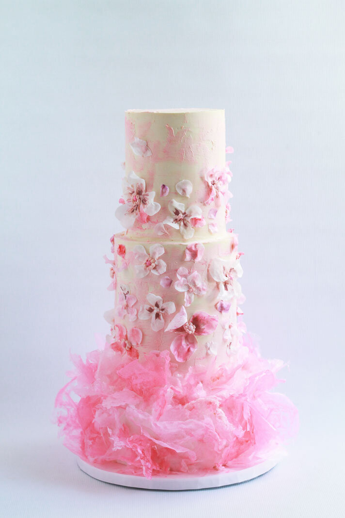 wafer paper wedding cake, pink wedding cake, Hamilton ON wedding cakes
