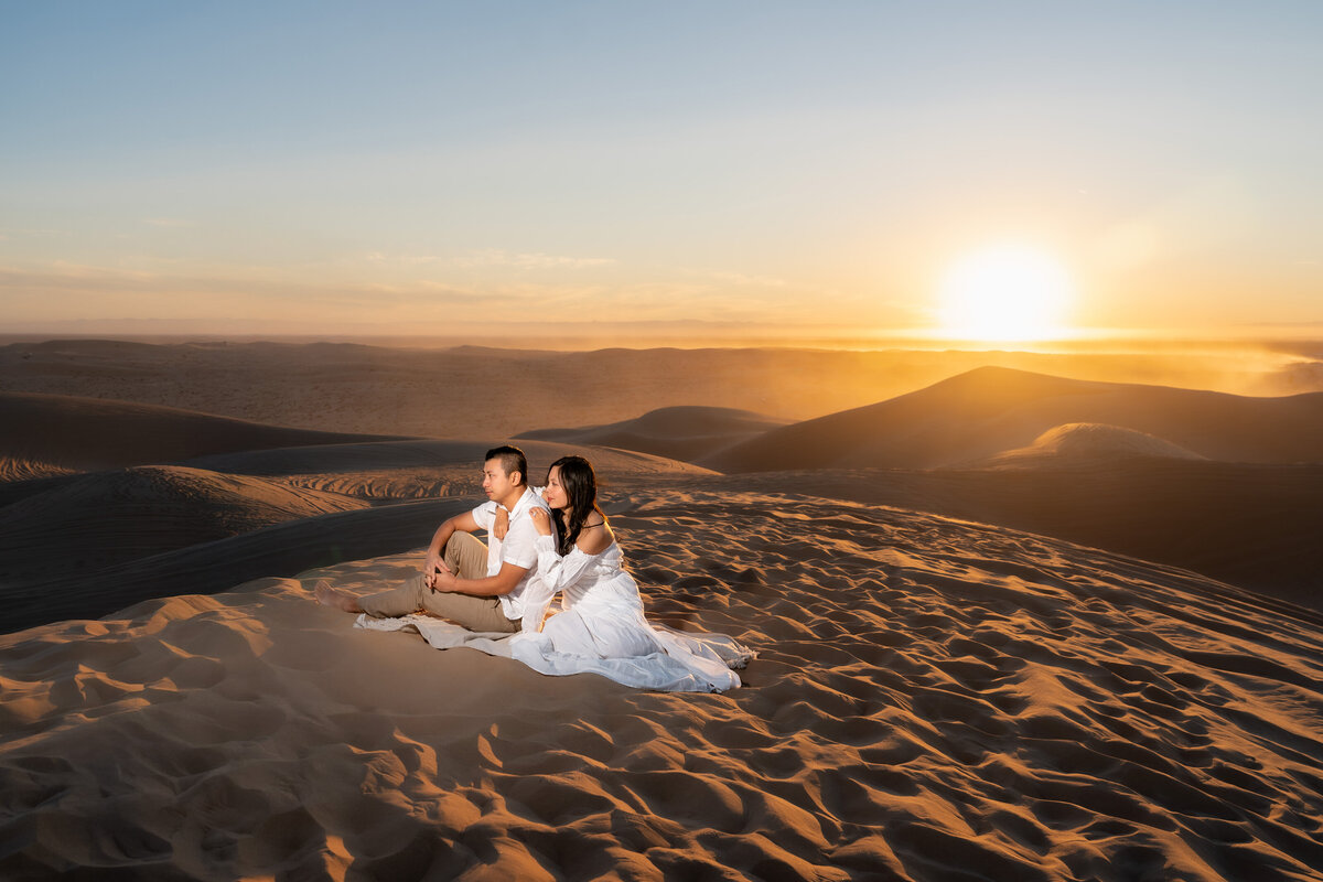 glamis sand dunes elopement bride and groom during sunset golden hour