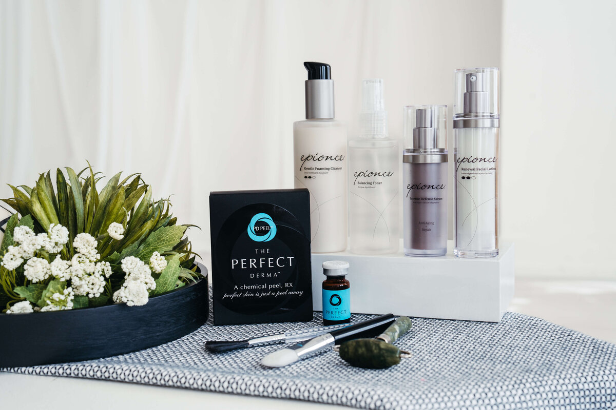 Product photography gallery featuring in-studio skincare and injectable offerings at Maxwell Aesthetics in Salem, Oregon. Includes medical-grade skincare lines like Epionce and Hydrinity, injectables such as Restylane and Sculptra