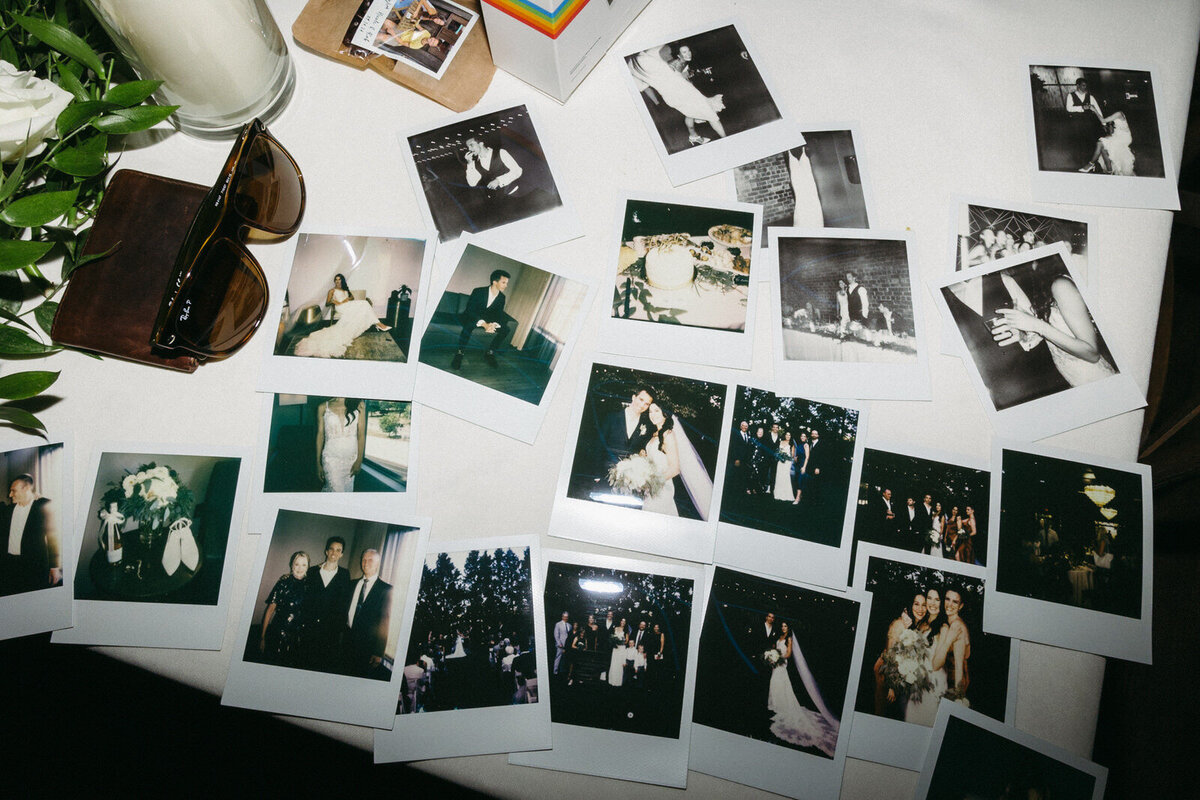 Collection of Polaroids captured by Andrea-Marie Photography throughout a wedding day including the bride getting ready, details, ceremony, and dancing on the dance floor