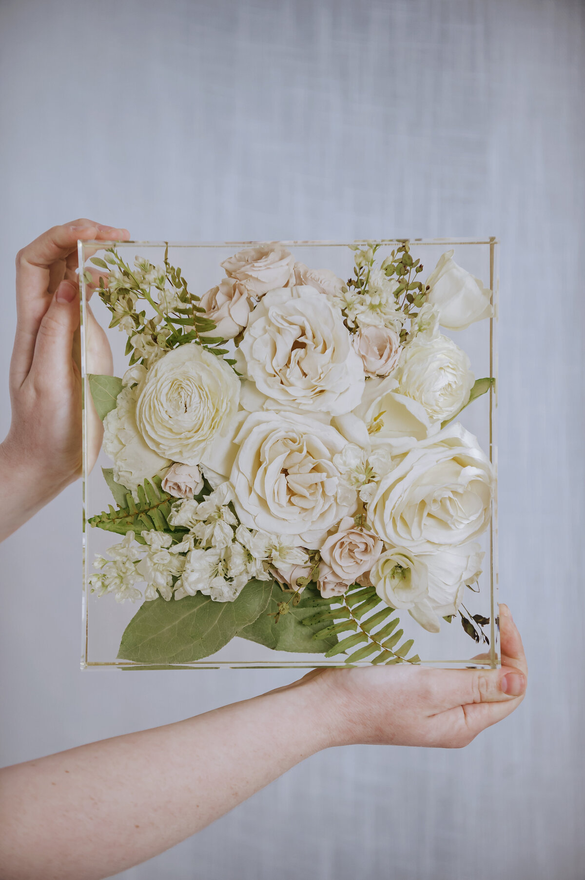 white wedding bouquet preserved in resin square