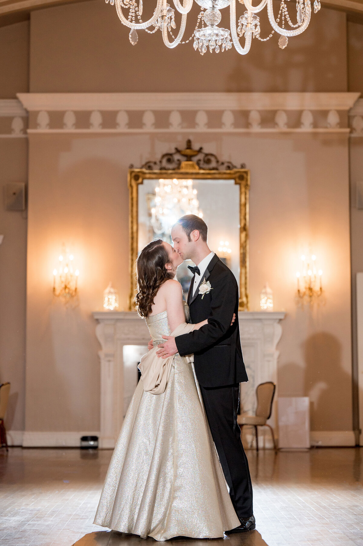 bride in gold dress inside of fox chapel golf club