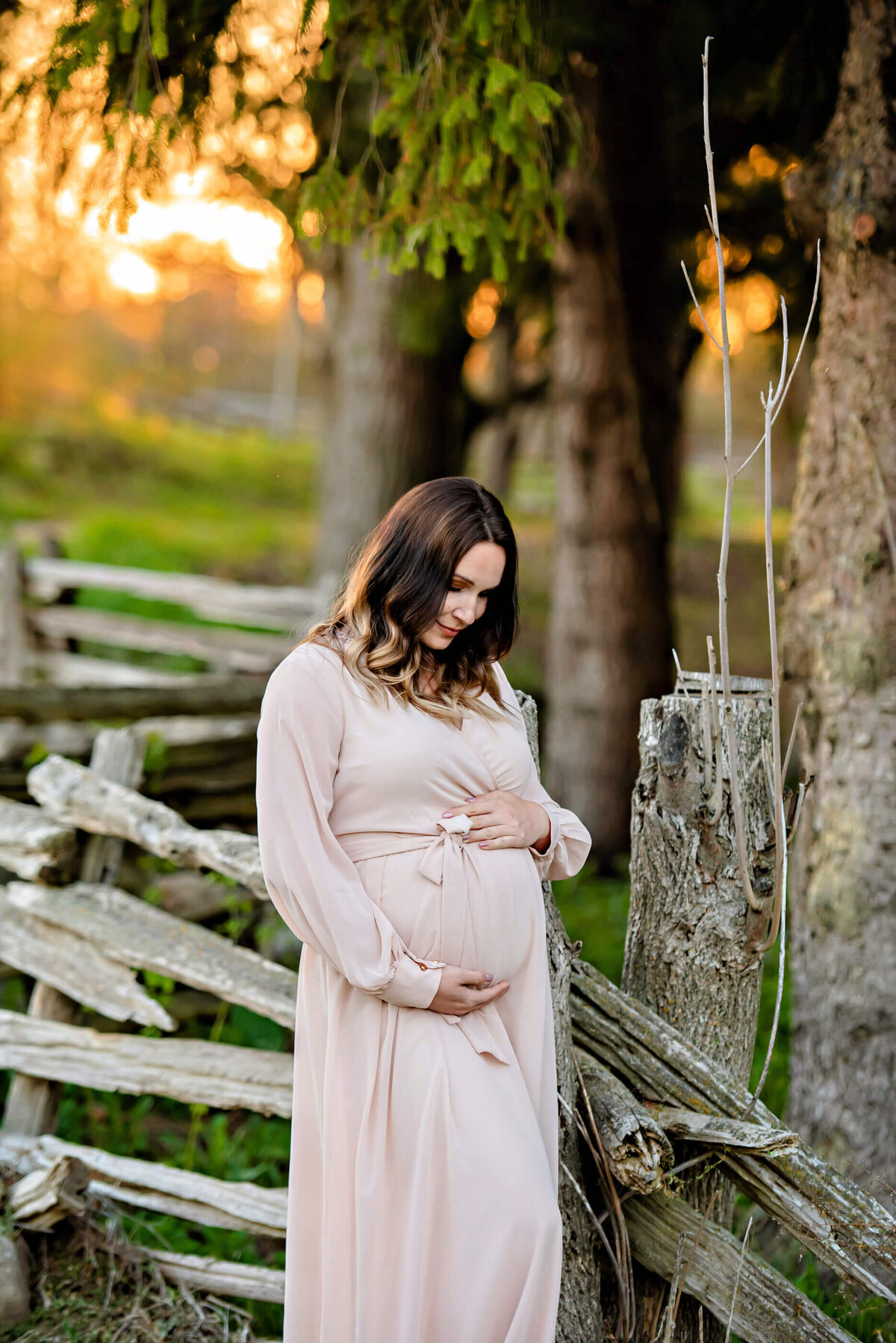 pregnant woman holding her belly wearing a pink dress in front of a wood fence for her Toronto maternity session