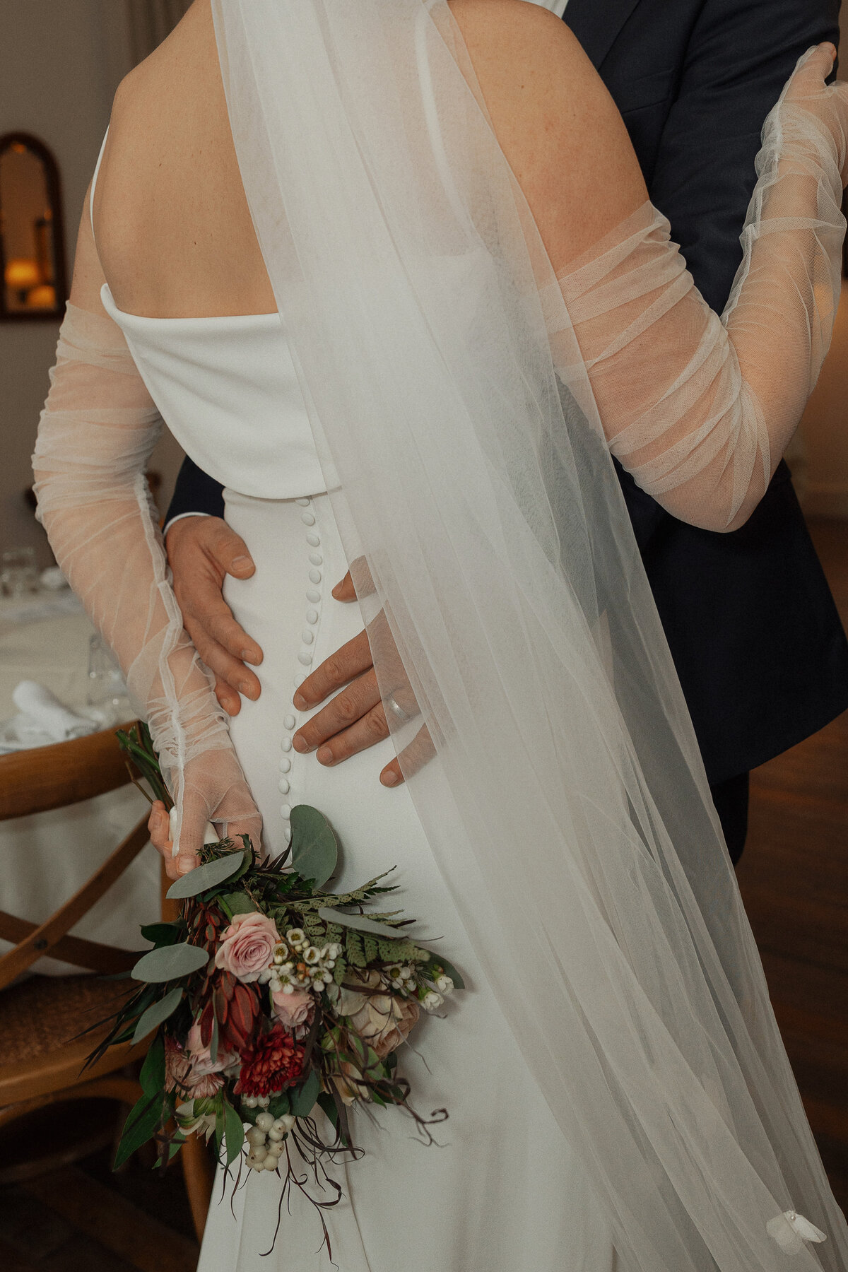 Bride and Groom during elopement photos at Cuckoos Trattoria in Coombs by Latitude 49 photography
