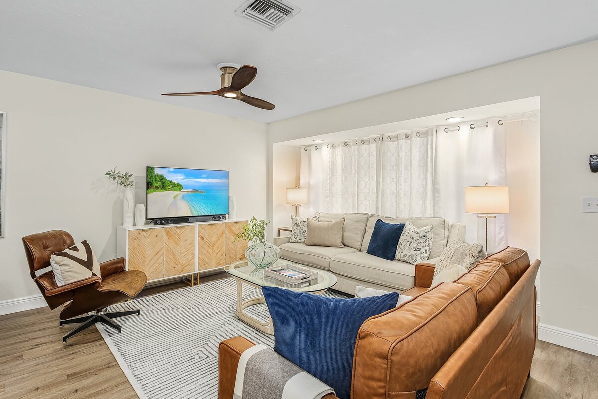 Short term rental living room  with blue accents