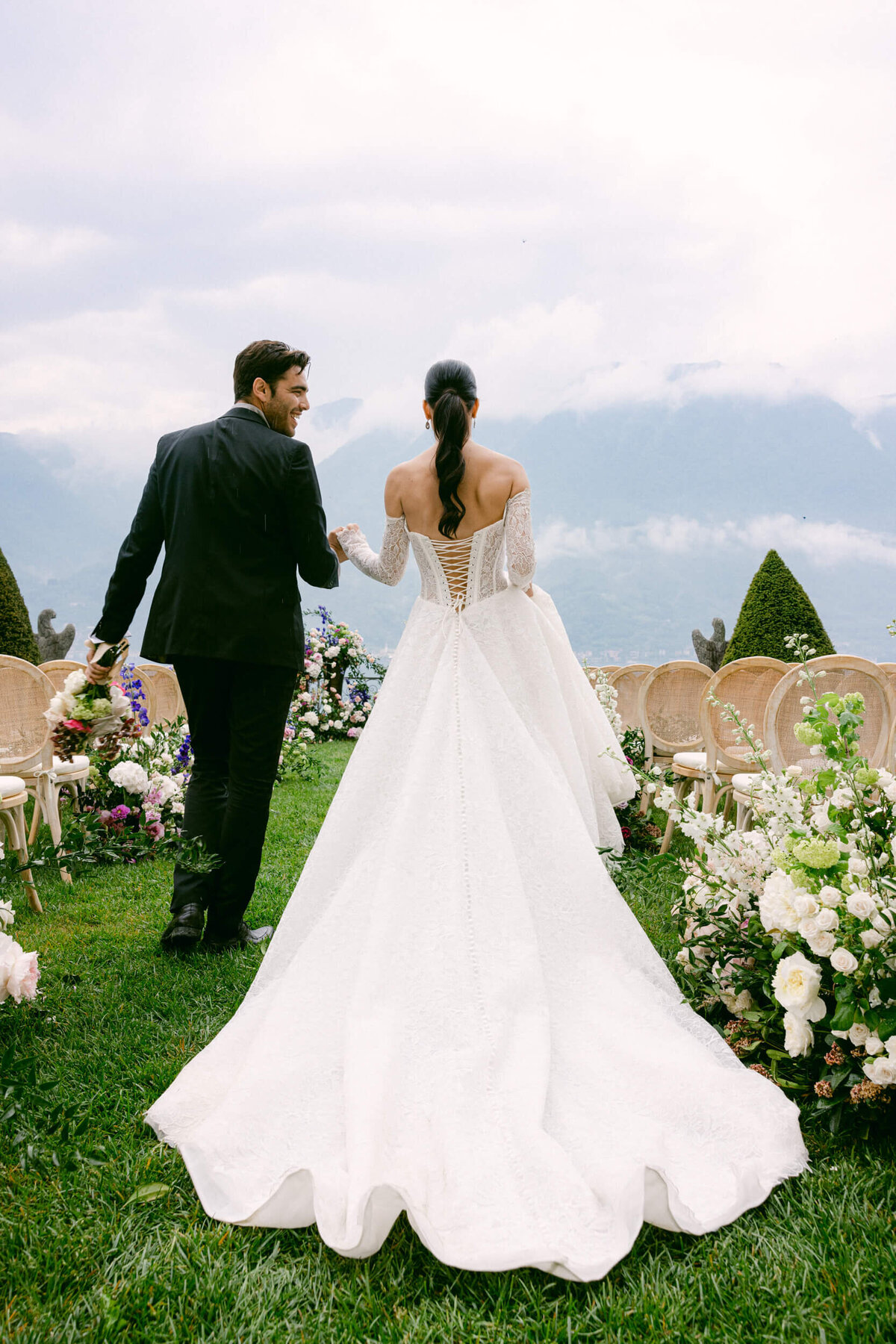 A wedding photo of the couple at Villa Balbiano on Lake Como in Italy