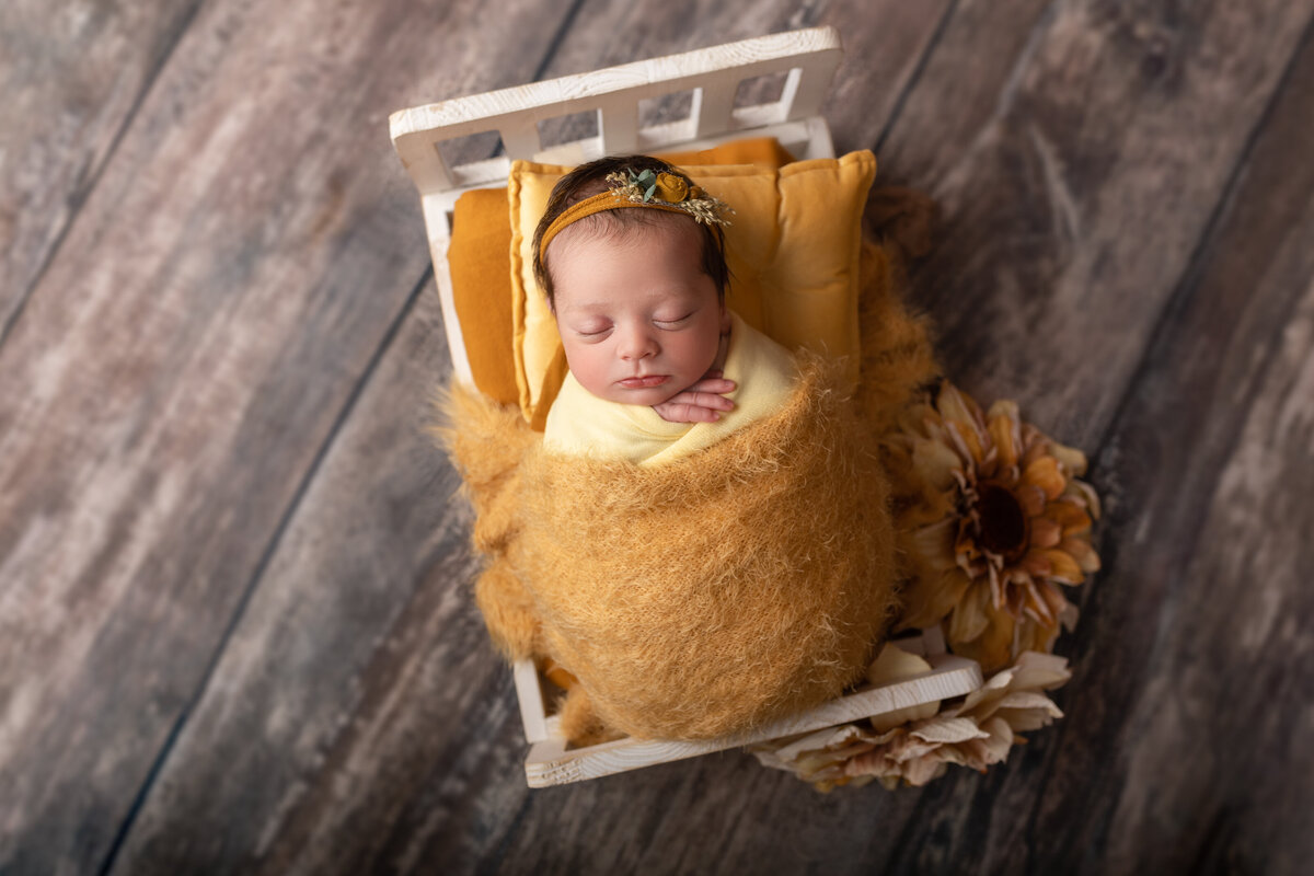 Newborn-posing-sunflowers-white bed