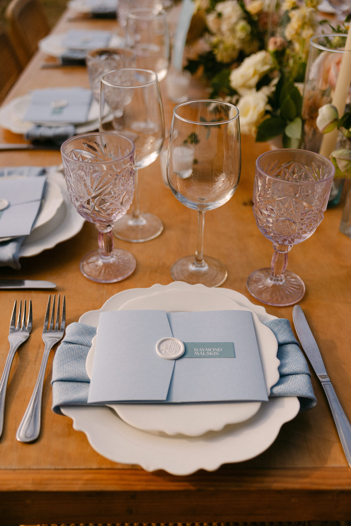 soft blue wax seal wedding pocket menus